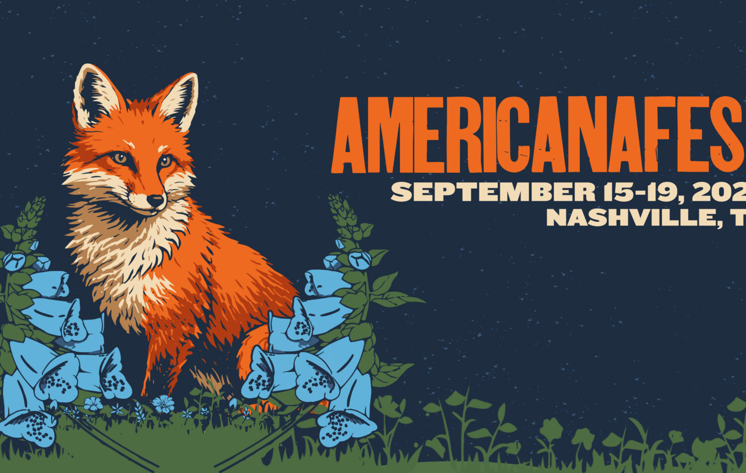 Promotional graphic for Americanafest in Nashville, TN, September 15-19, 2026. Imagery features a red fox sitting between two blue flowers.