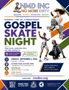 Promotional flyer for ‘Gospel Skate Night,’ presented by WESK8HSV, NMD Inc., and friends. The flyer features colorful geometric graphics and several individuals roller skating in dynamic poses. The event is scheduled for Sunday, September 6, 2026 from 4:00 PM to 6:00 PM at Stoner Park Skating Rink, 3723 Bragg Street NW, Huntsville, Alabama.
